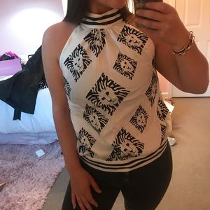 Anne Klein 100% Silk black&white lion print shirt